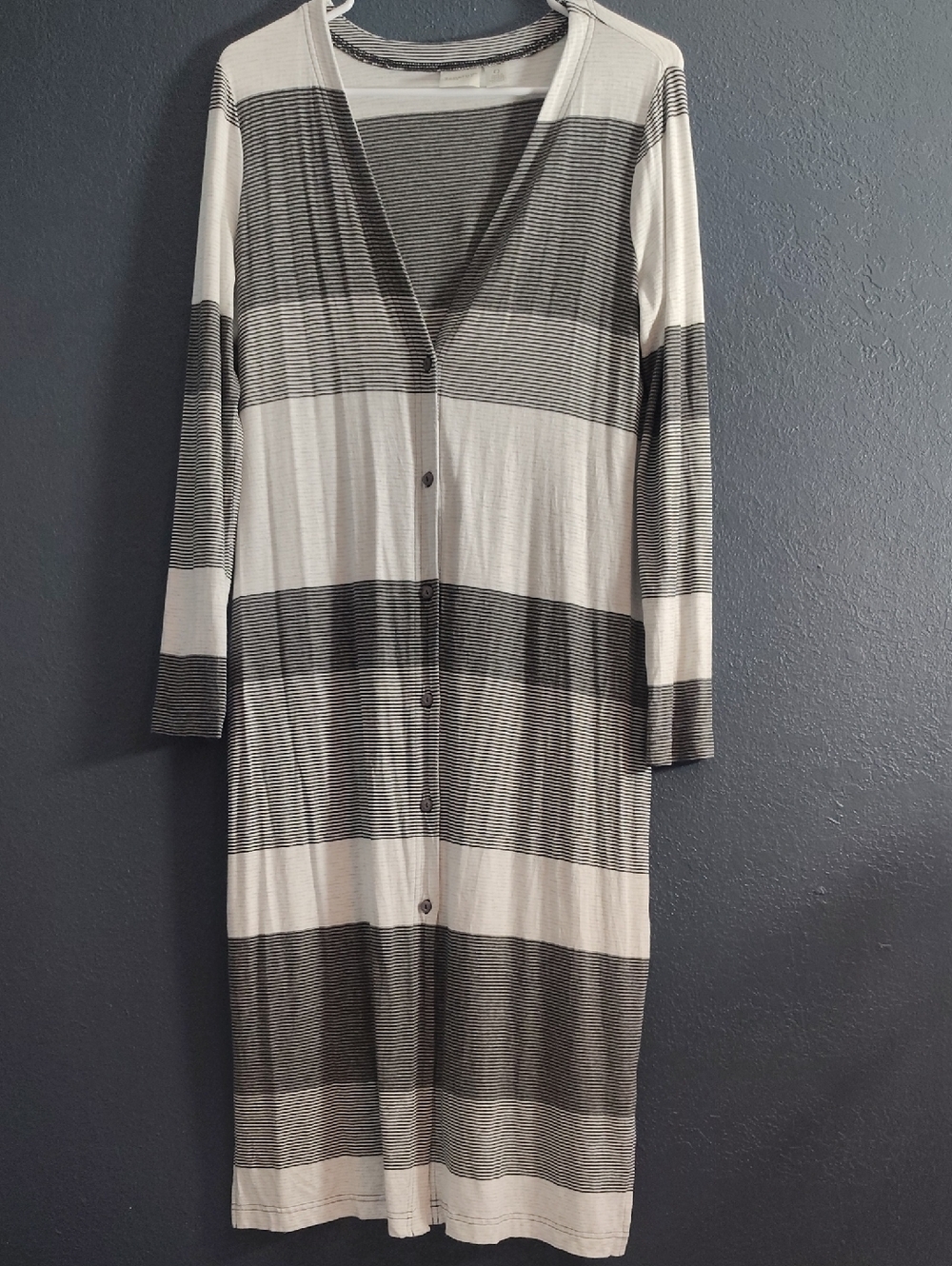 Zenergy By Chicos Long Black and White Striped Button-Front Women's Cardigan